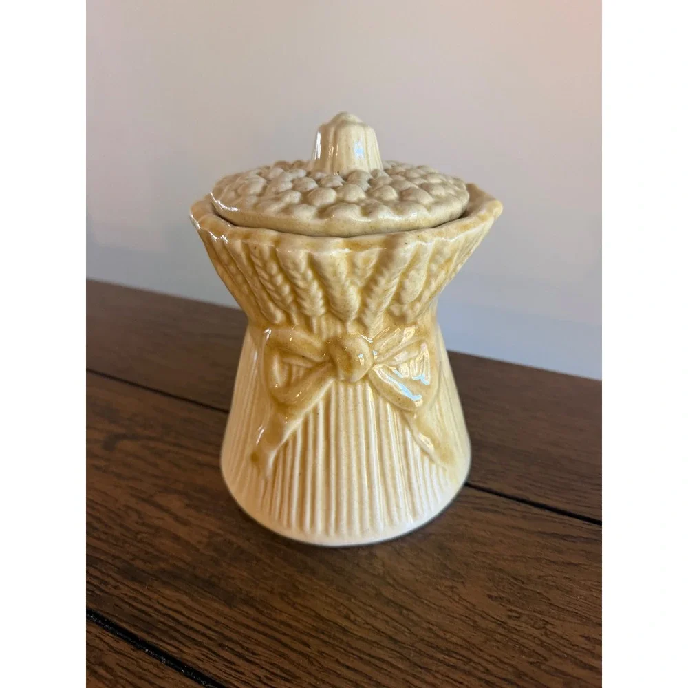 Vintage Wheat Sheaf Ceramic Lidded Jar Canister Yellow Farmhouse Harvest Decor
